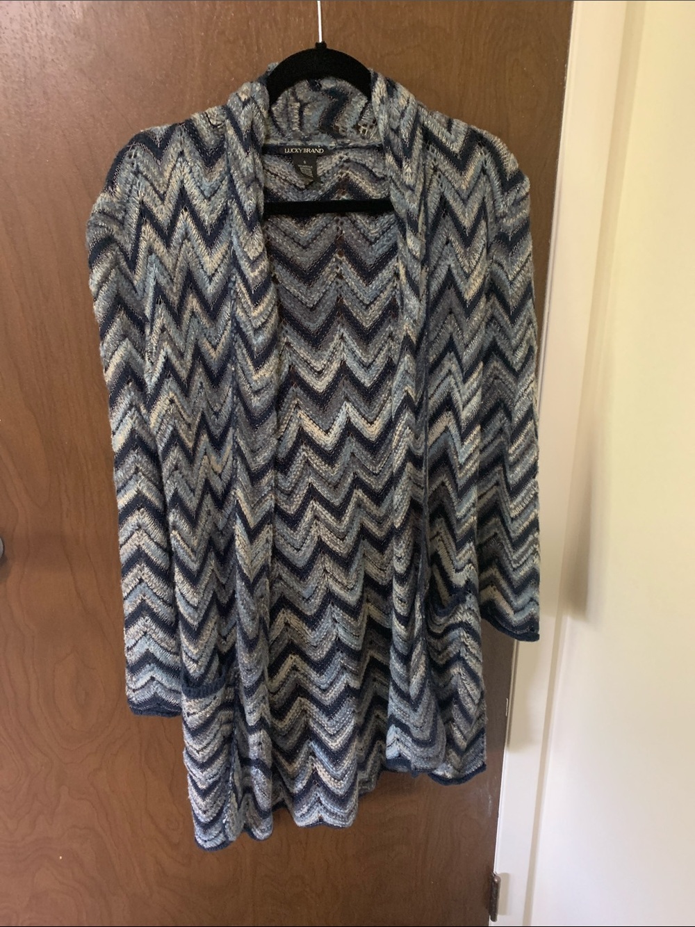 Lucky Brand Navy and Cream Chevron Open-Front Cardigan